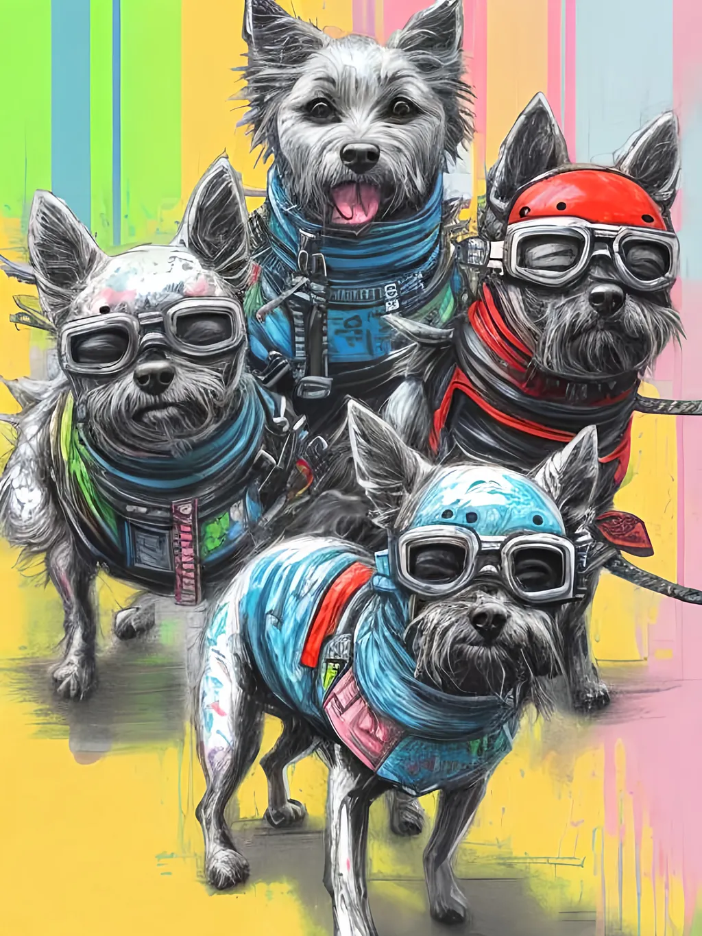 Prompt: pop art chalk pastel art of detailed dogs wearing ninja clothes playing in the streets in cyberpunk japan during a festival, sketch, detailed background, highres, fun atmosphere, natural lighting,  abstract, fun