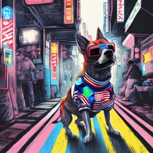 Prompt: pop art chalk pastel art of detailed dog wearing USA clothes playing in the streets in cyberpunk japan during a festival, sketch, detailed background, highres, fun atmosphere, natural lighting,  abstract, fun