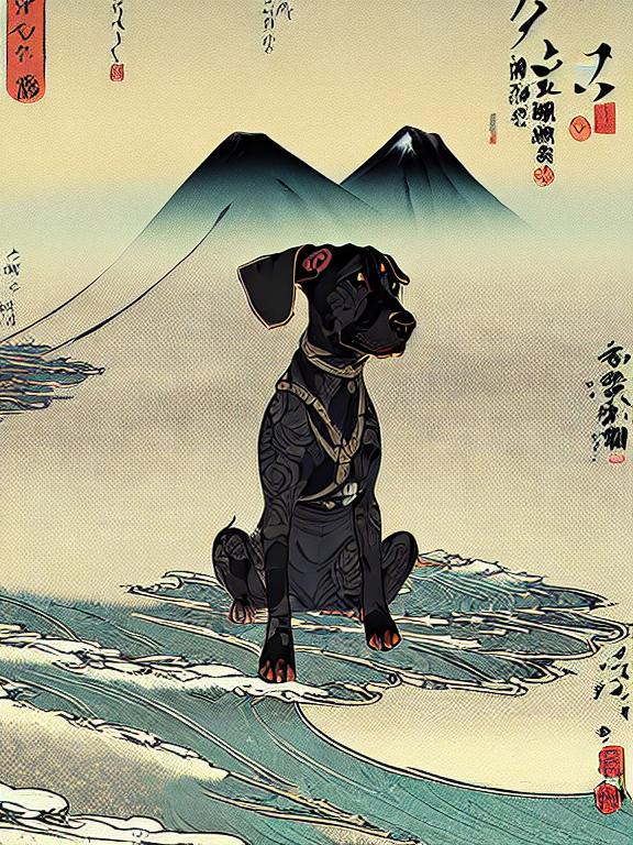 Prompt: black mountain cur dogs pooping in hiroshige wave 