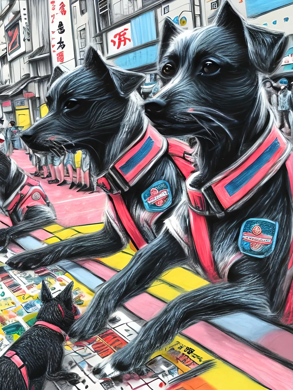 Prompt: pop art chalk pastel art of detailed dogs wearing pilot uniforms playing in the streets in japan during a festival, sketch, detailed background, highres, fun atmosphere, natural lighting,  abstract, fun