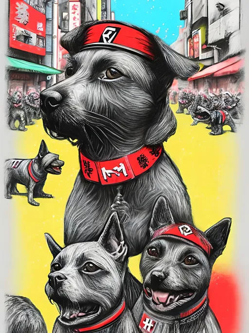 Prompt: pop art chalk pastel art of detailed dogs wearing nazi uniforms playing in the streets in japan during a festival, sketch, detailed background, highres, fun atmosphere, natural lighting,  abstract, fun