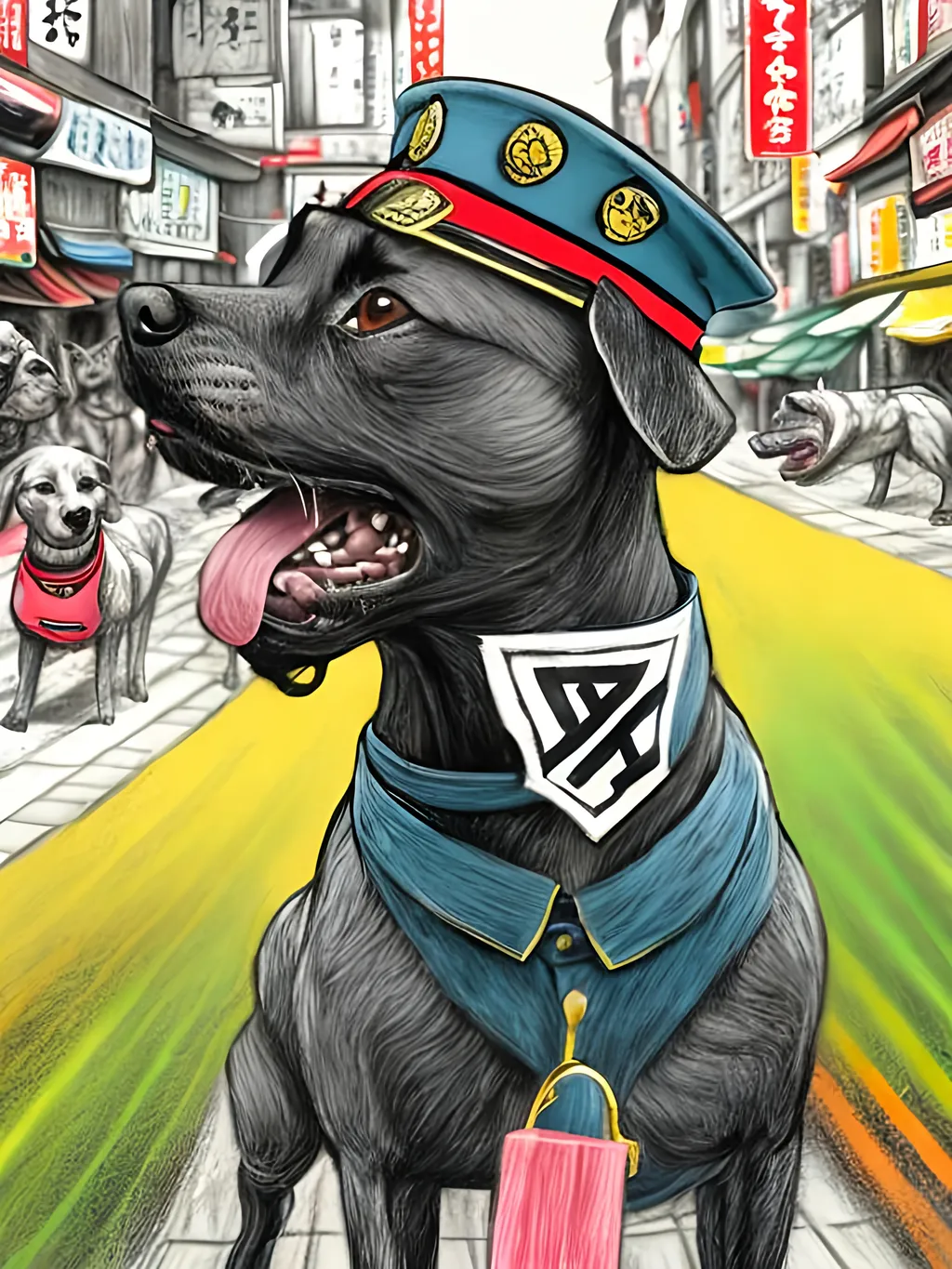 Prompt: pop art chalk pastel art of detailed dogs wearing nazi uniforms playing in the streets in japan during a festival, sketch, detailed background, highres, fun atmosphere, natural lighting,  abstract, fun