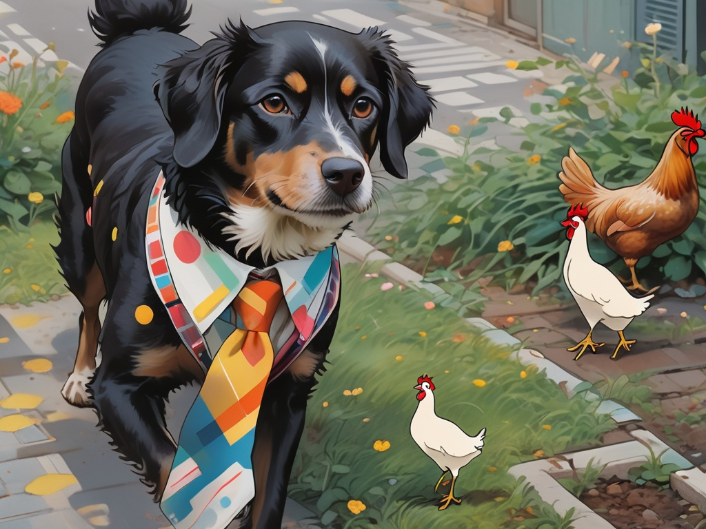 Prompt: a black dog wearing clothes chasing a chicken in the streets, dogs, abstract art, Action Painting, Screen print, splash screen art, digital art, 8k resolution trending on Artstation, golden ratio, akira, symmetrical, rule of thirds, geometric bauhaus, Studio Ghibli, Anime Key Visual, by Makoto Shinkai, Deep Color, Intricate, 8k resolution concept art, Natural Lighting, Beautiful Composition