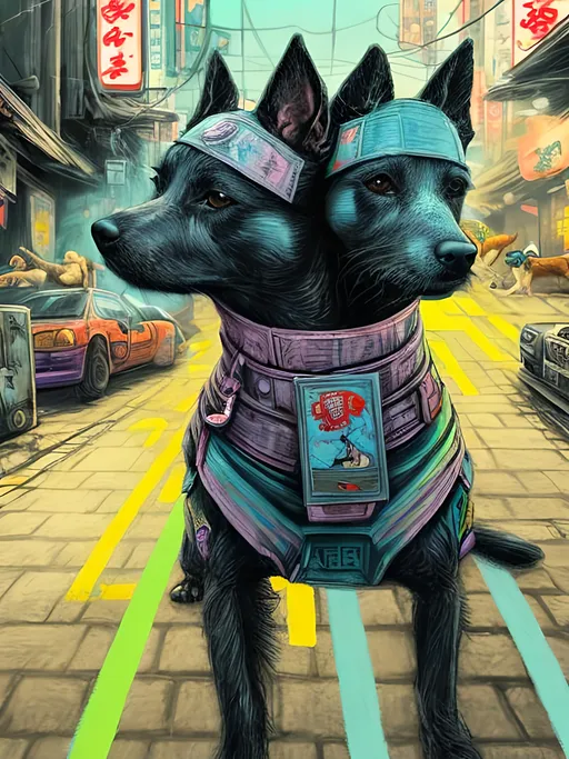 Prompt: pop art chalk pastel art of detailed dogs wearing ninja clothes playing in the streets in cyberpunk japan during a festival, sketch, detailed background, highres, fun atmosphere, natural lighting,  abstract, fun