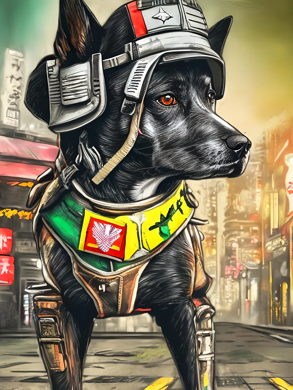 Prompt: pop art chalk pastel art of detailed dog wearing military uniforms<mymodel> playing in the streets in cyberpunk japan during a festival, sketch, detailed background, highres, fun atmosphere, natural lighting,  abstract, fun