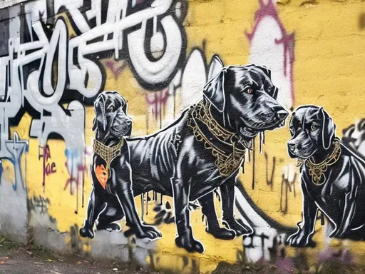 Prompt: black dogs in gangster clothing graffiti