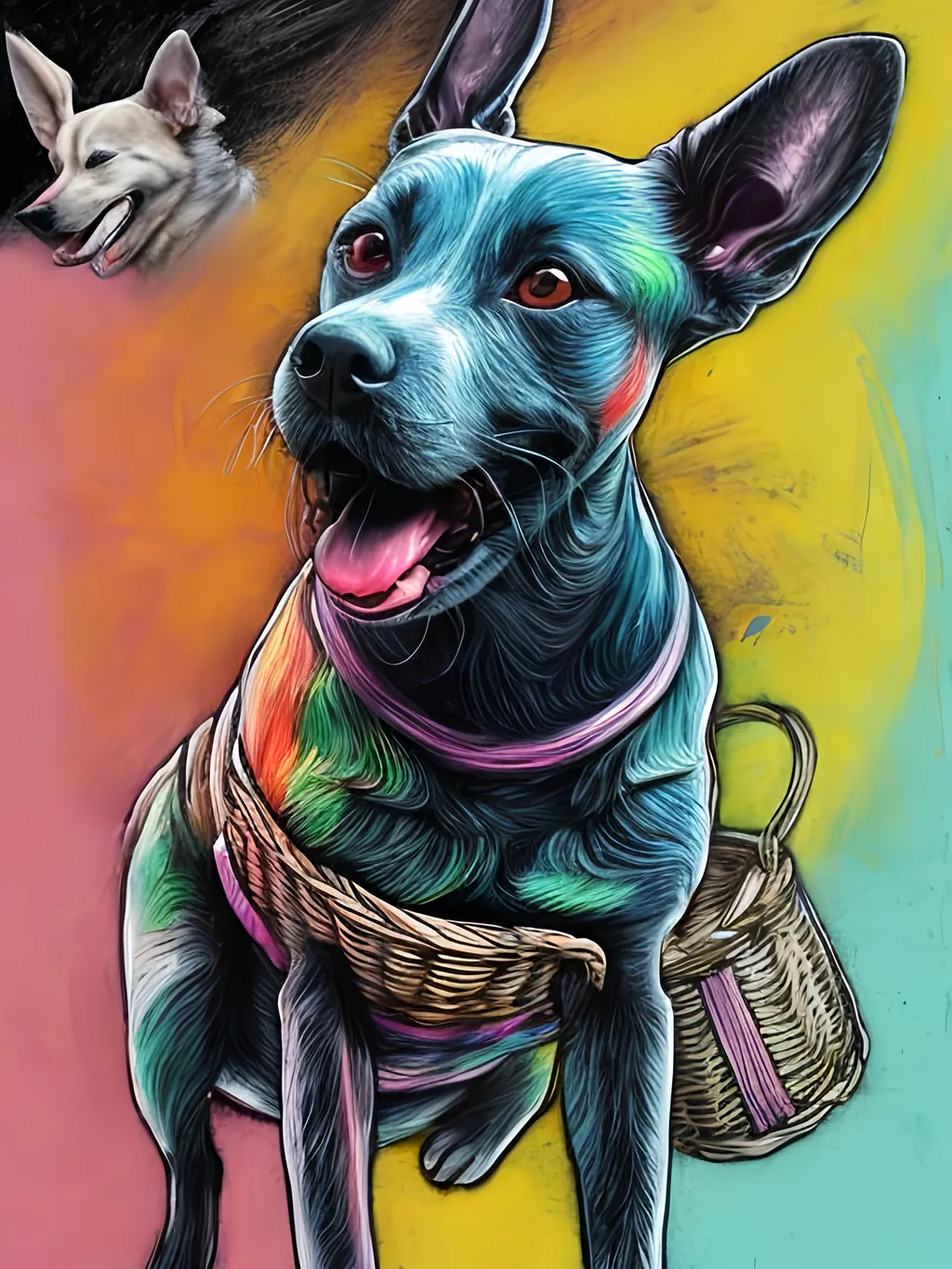 Prompt: pop art chalk pastel art of detailed dog at a basket ball game in cyberpunk japan, sketch, detailed background, highres, fun atmosphere, natural lighting,  abstract, fun