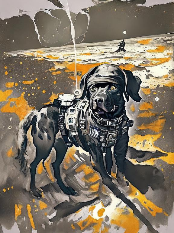 Prompt: Surrealism black dogs in cowboy outfits in space, abstract art style, cowboy hat, fun atmosphere, floating celestial bodies, mysterious nebulae, dreamlike, surreal, high contrast, otherworldly, abstract, space, astronaut, fun atmosphere, celestial bodies, dreamlike, surreal, high contrast, mysterious, nebulae, dogs, Pro trump clothing