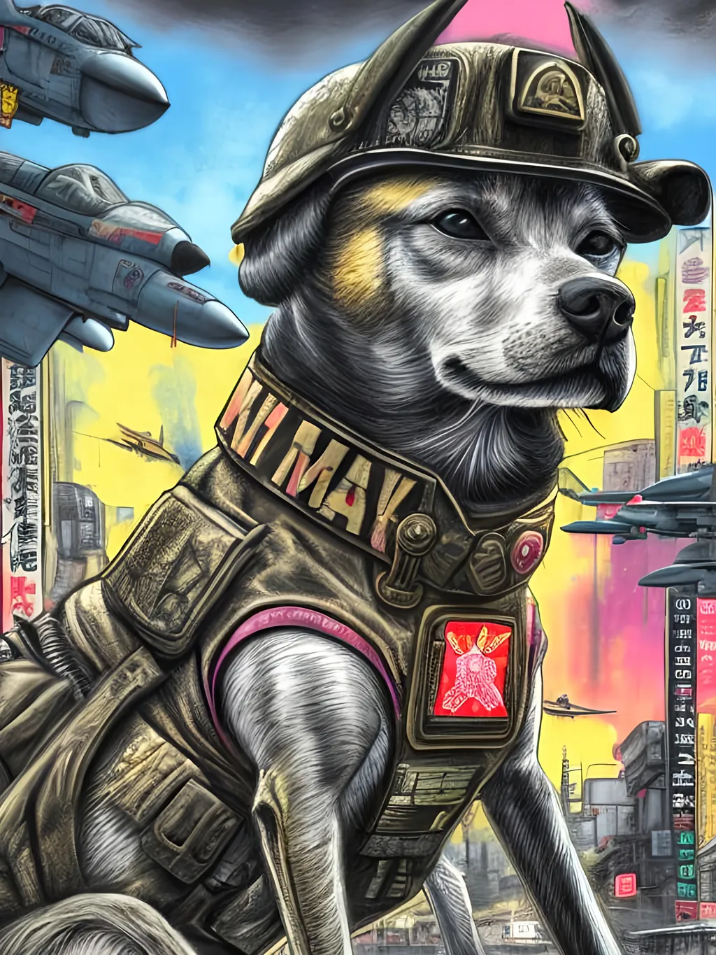 Prompt: pop art chalk pastel art of a detailed dog wearing a military uniform on the streets in cyberpunk japan during a festival with planes in the background, sketch, detailed background, highres, fun atmosphere, natural lighting,  abstract, fun