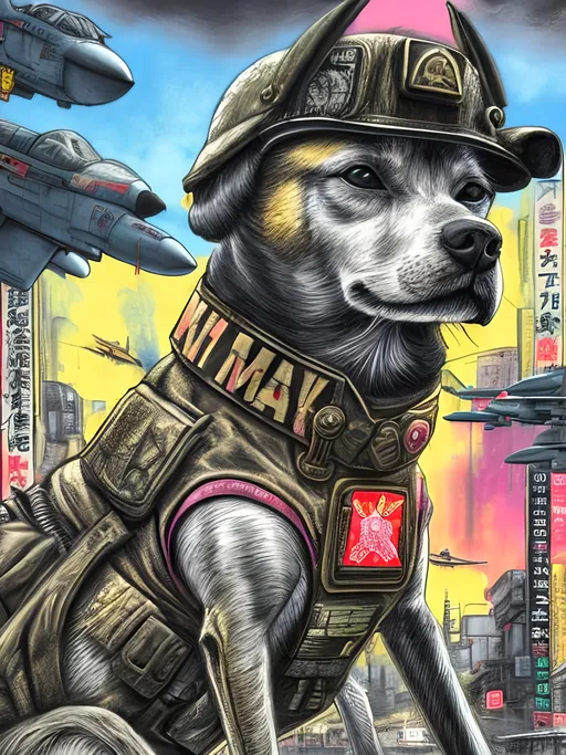 Prompt: pop art chalk pastel art of a detailed dog wearing a military uniform on the streets in cyberpunk japan during a festival with planes in the background, sketch, detailed background, highres, fun atmosphere, natural lighting,  abstract, fun