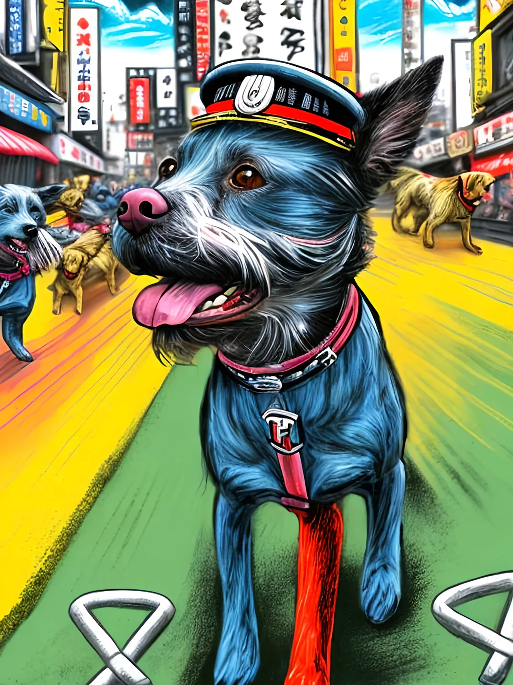 Prompt: pop art chalk pastel art of detailed dogs wearing nazi uniforms playing in the streets in japan during a festival, sketch, detailed background, highres, fun atmosphere, natural lighting,  abstract, fun