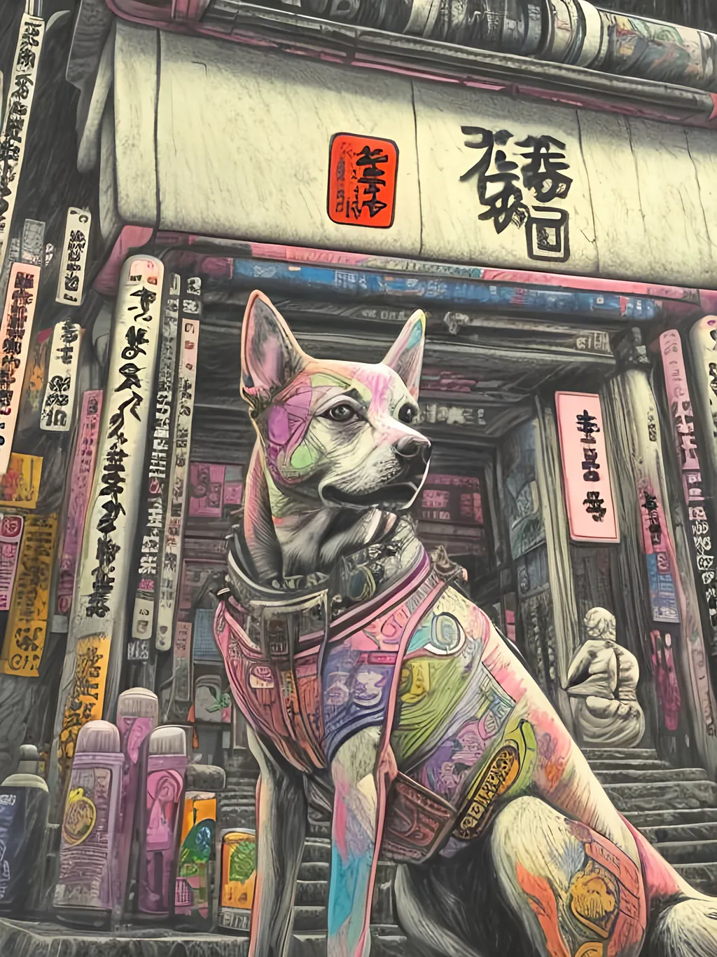 Prompt: pop art chalk pastel art of detailed dog at a shrine in cyberpunk japan, sketch, detailed background, highres, fun atmosphere, natural lighting,  abstract, fun