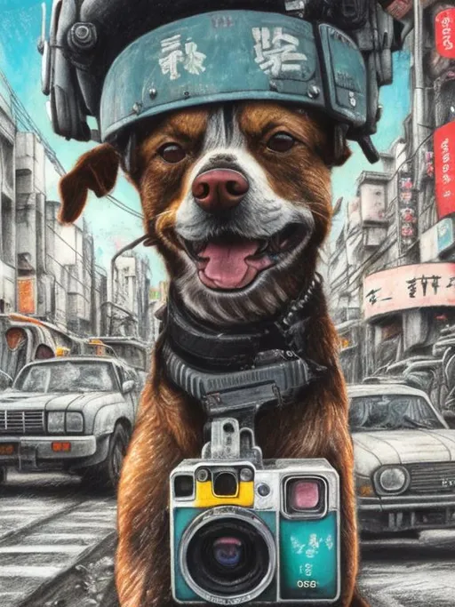 Prompt: chalk pastel art of a detailed dog with a polaroid camera on the streets in post-apocalyptic Japan during a festival with planes in the background, sketch, detailed background, highres, fun atmosphere, natural lighting,  abstract, fun