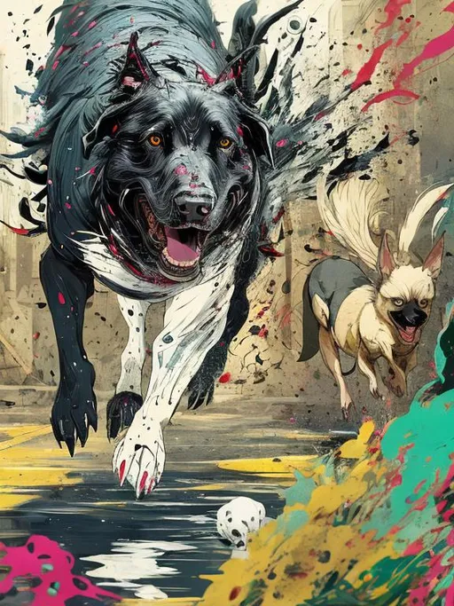 Prompt: a black dog wearing clothes chasing a chicken in the streets, dogs, abstract art, Action Painting, Screen print, splash screen art, digital art, 8k resolution trending on Artstation, golden ratio, akira, Studio Ghibli, Anime Key Visual, by Makoto Shinkai, Deep Color, Intricate, Beautiful Composition
