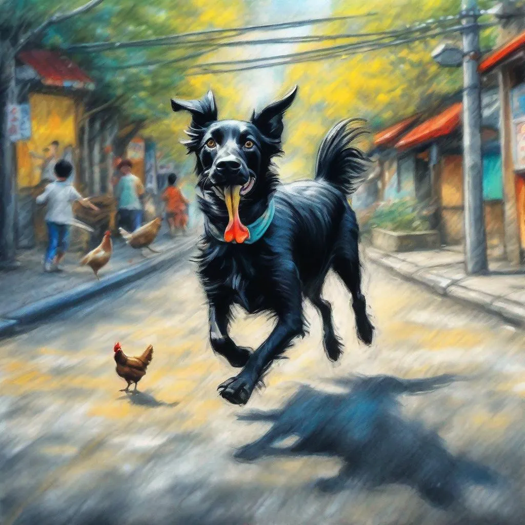 Prompt: chalk pastel art of a black dog wearing clothes chasing a chicken in the streets in japan, sketch, detailed background, highres, fun atmosphere, natural lighting, pastel colors, abstract, fun