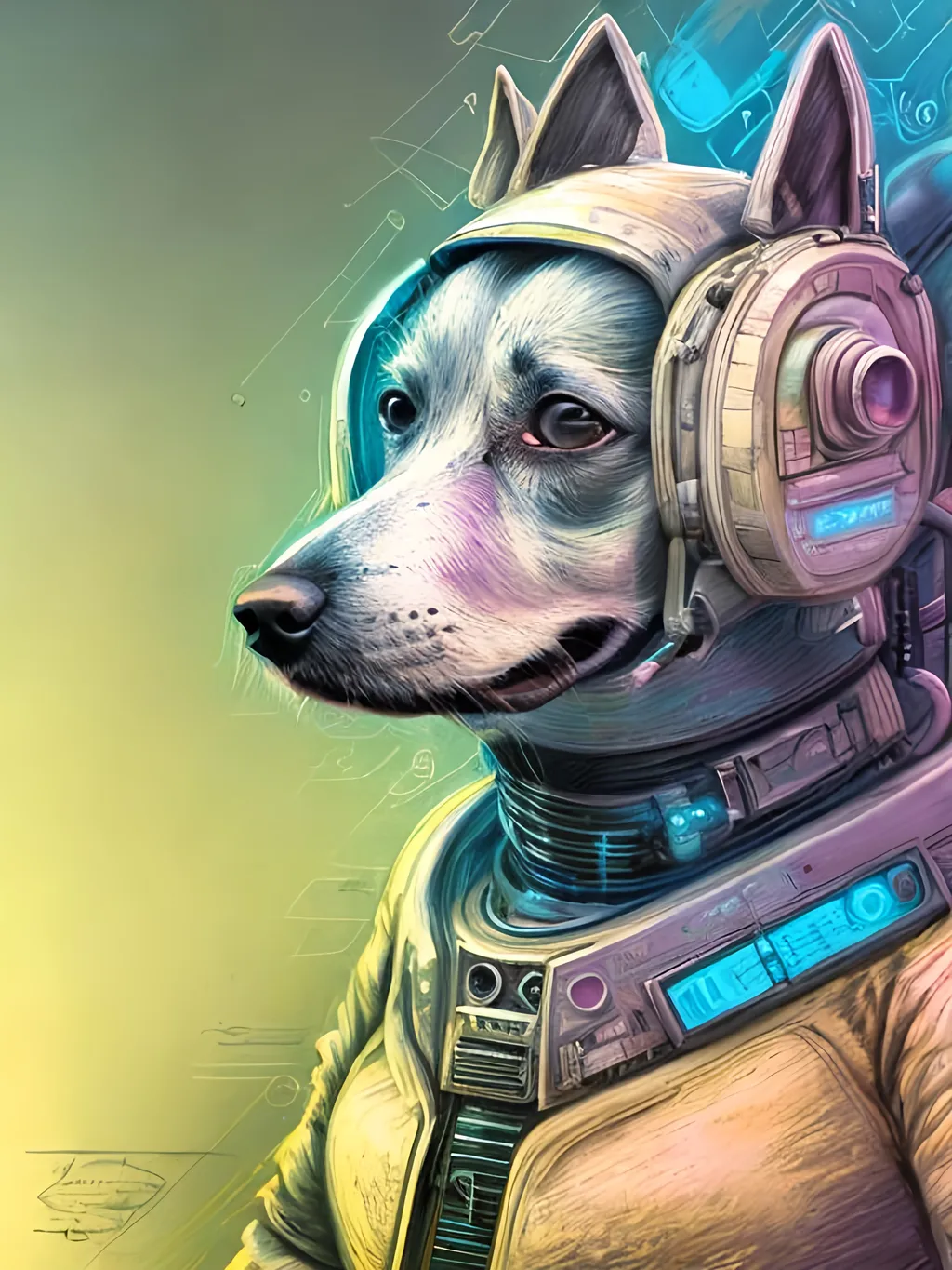 Prompt: chalk pastel style of a  detailed dog in a cyberpunk spaceship, sketch, detailed background, highres, fun atmosphere, natural lighting,  abstract, fun