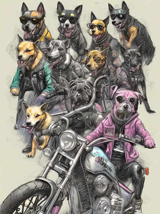 Prompt: pop art chalk pastel art of detailed dogs wearing biker gang clothes playing in the streets in cyberpunk japan during a festival, sketch, detailed background, highres, fun atmosphere, natural lighting,  abstract, fun