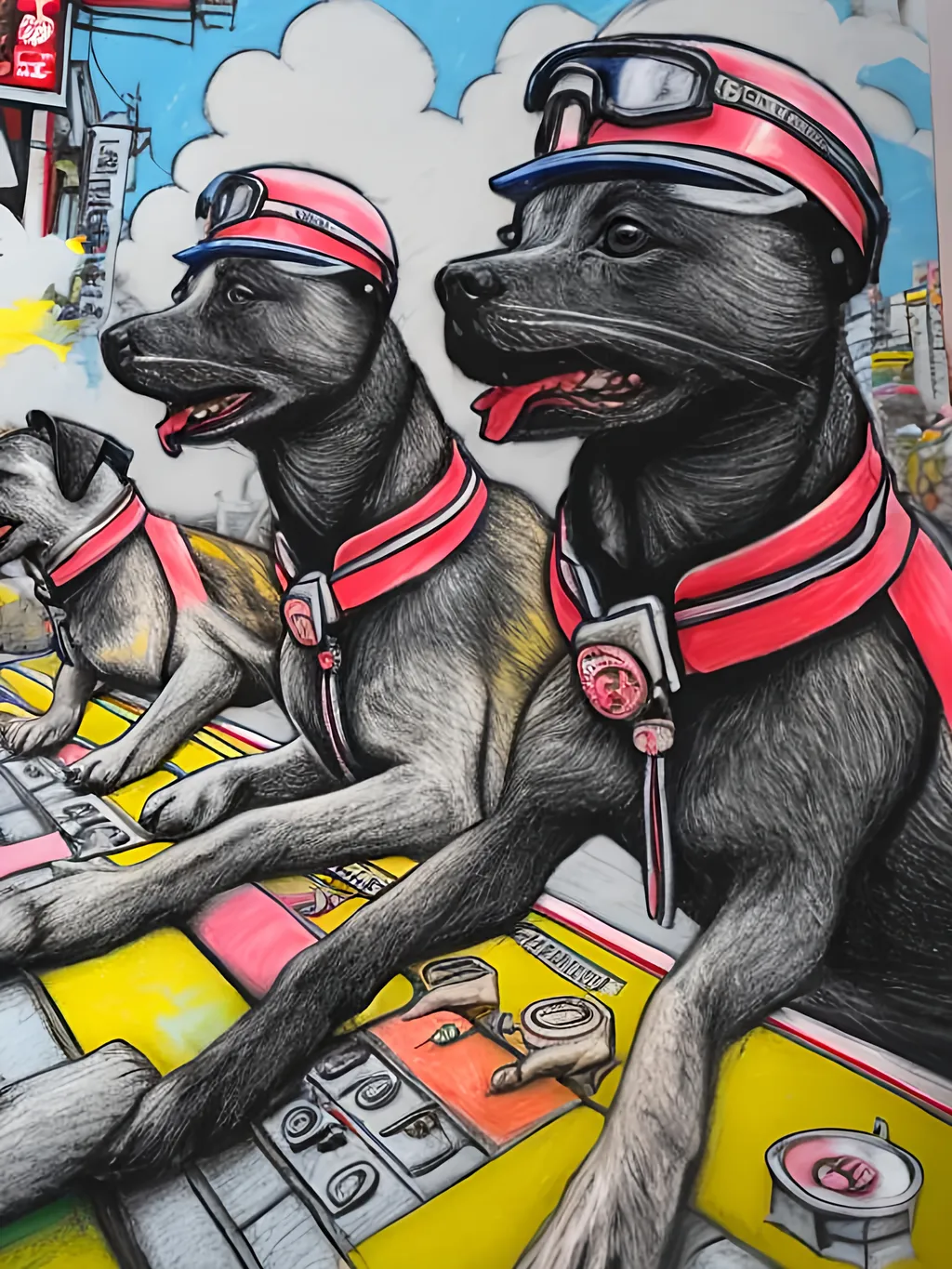 Prompt: pop art chalk pastel art of detailed dogs wearing pilot uniforms playing in the streets in japan during a festival, sketch, detailed background, highres, fun atmosphere, natural lighting,  abstract, fun