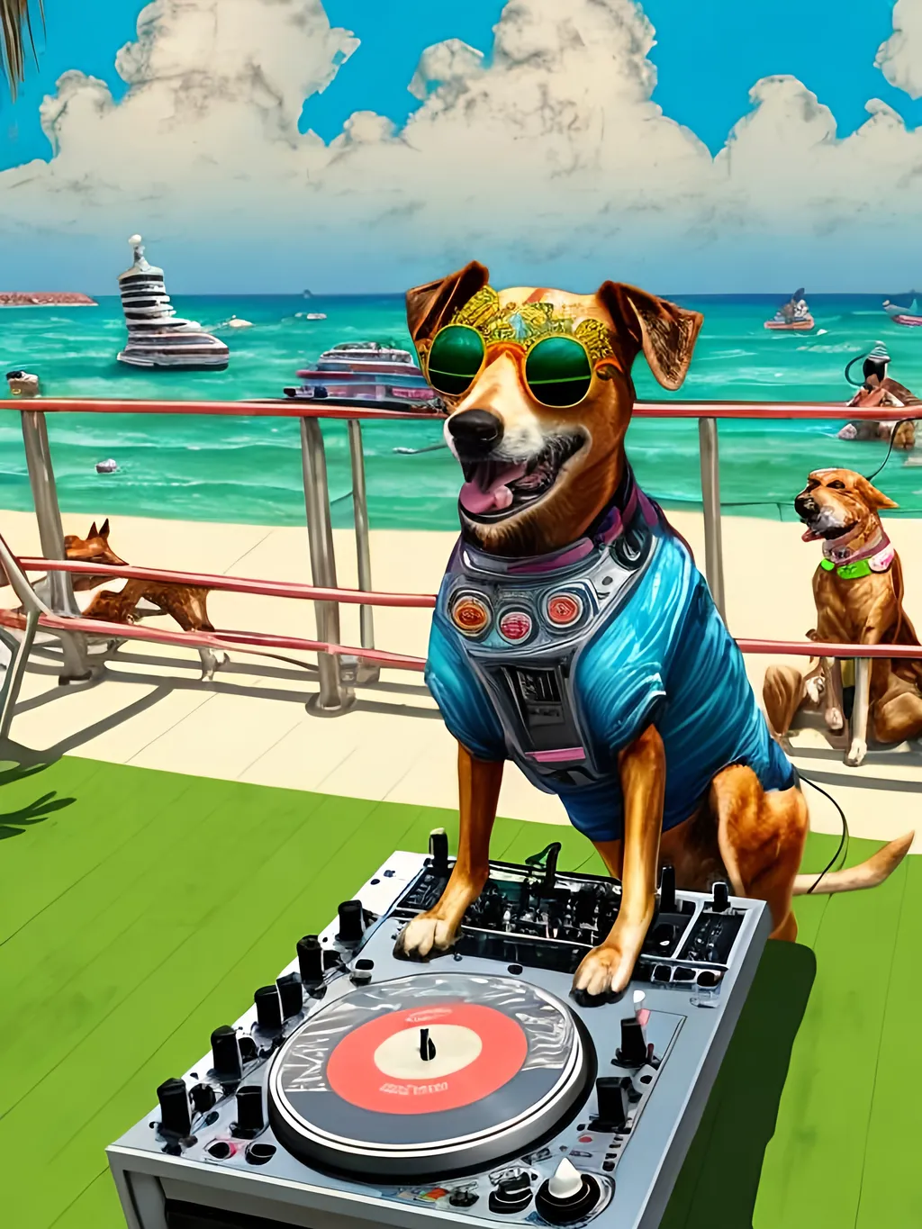 Prompt: chalk pastel style of a  detailed dog DJing on a cruise in Cancun, sketch, detailed background, highres, fun atmosphere, natural lighting,  abstract, fun