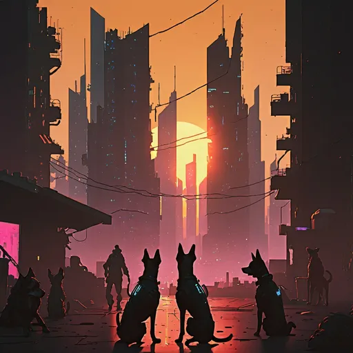 Prompt: sunset cyberpunk city with dogs
