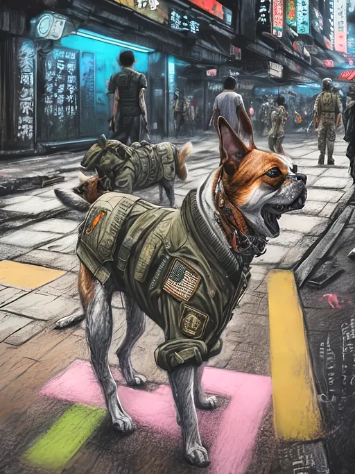 Prompt: chalk pastel art of a detailed dog military clothes on the streets in cyberpunk japan during a festival, sketch, detailed background, highres, fun atmosphere, natural lighting,  abstract, fun