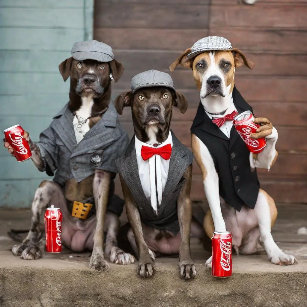 Prompt: black mountain cur dogs dressed like gangster drinking soda