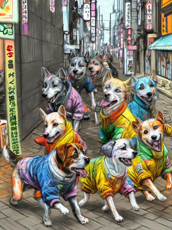 Prompt: pop art chalk pastel art of detailed dogs wearing clothes playing in the streets in japan during a festival, sketch, detailed background, highres, fun atmosphere, natural lighting,  abstract, fun