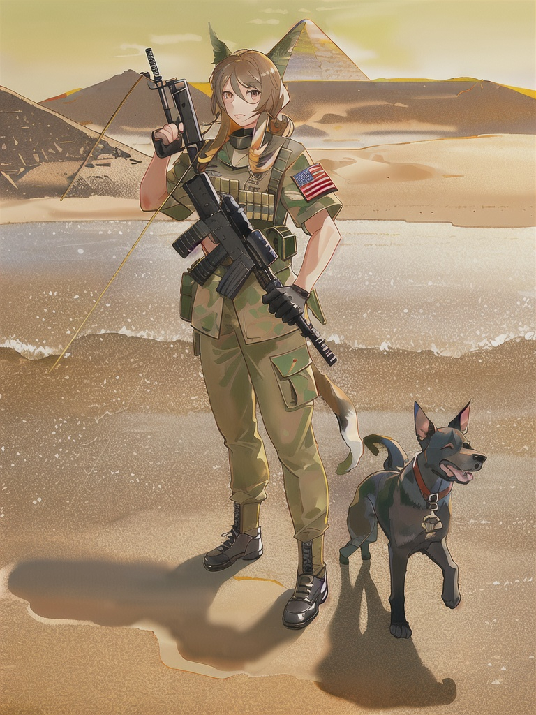 Prompt: black mountain cur dog in military gear in egypt