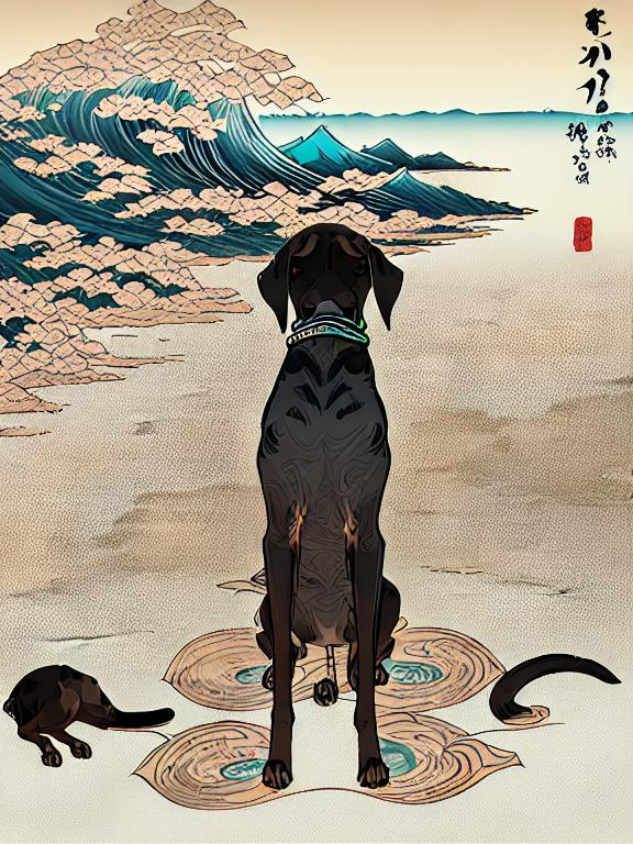 Prompt: black mountain cur dogs pooping in hiroshige wave 