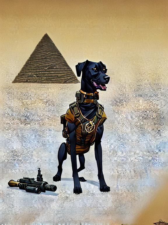 Prompt: black mountain cur dog in military gear in egypt 90s poster