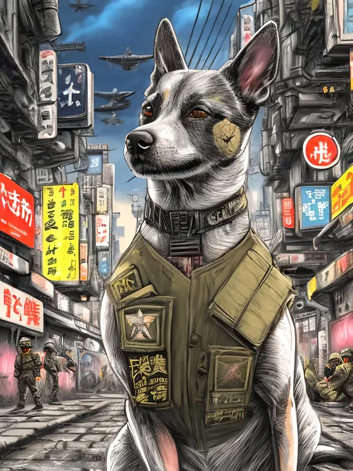 Prompt: pop art chalk pastel art of a detailed dog wearing a military uniform on the streets in cyberpunk japan during a festival with planes in the background, sketch, detailed background, highres, fun atmosphere, natural lighting,  abstract, fun