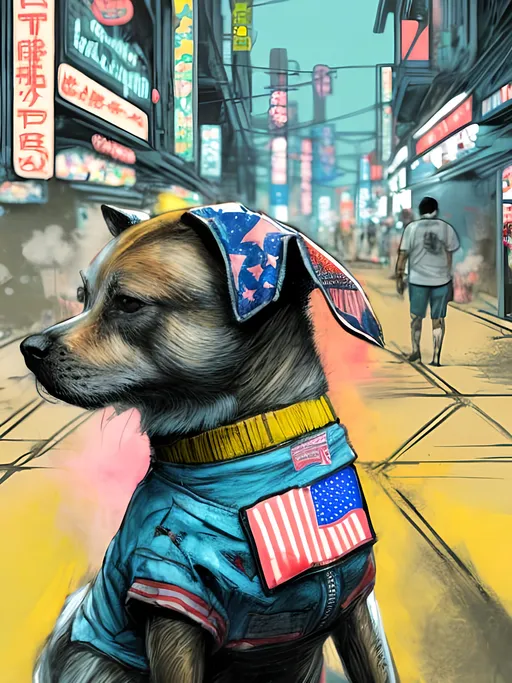 Prompt: pop art chalk pastel art of detailed dog wearing USA clothes playing in the streets in cyberpunk japan during a festival, sketch, detailed background, highres, fun atmosphere, natural lighting,  abstract, fun