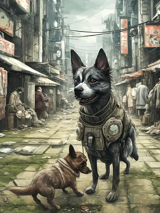 Prompt: chalk pastel style of a detailed dog in the streets in post-apocalyptic japan during a festival, sketch, detailed background, highres, fun atmosphere, natural lighting,  abstract, fun