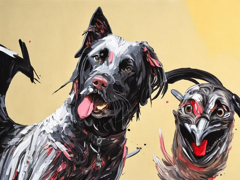 Prompt: a black dog wearing clothes chasing a chicken in the streets, art, detailed painting, abstract