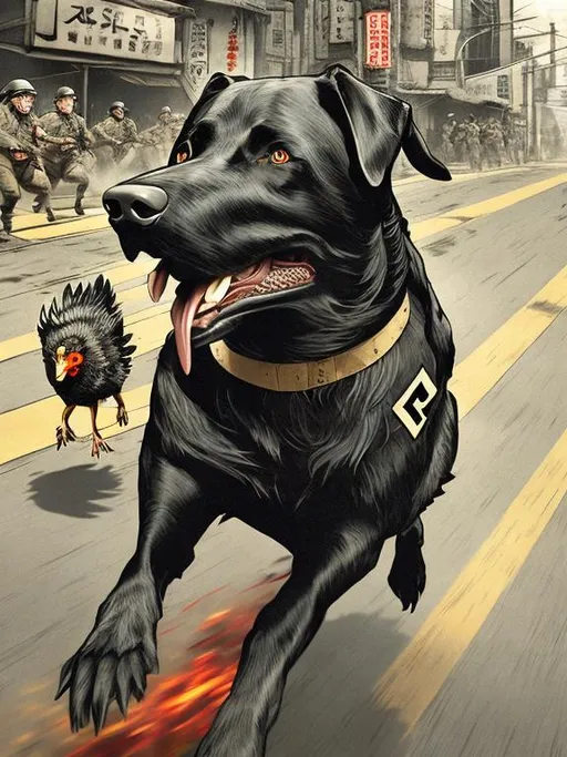 Prompt: a black dog wearing a nazi uniform chasing a chicken in the streets in japan, sketch, detailed background, highres, fun atmosphere, natural lighting, pastel colors, abstract, fun