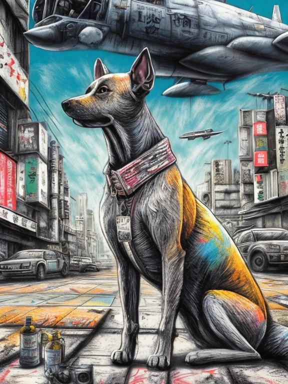 Prompt: pop art chalk pastel art of a detailed dog on the streets in post-apocalyptic Japan during a festival with planes in the background, sketch, detailed background, highres, fun atmosphere, natural lighting,  abstract, fun