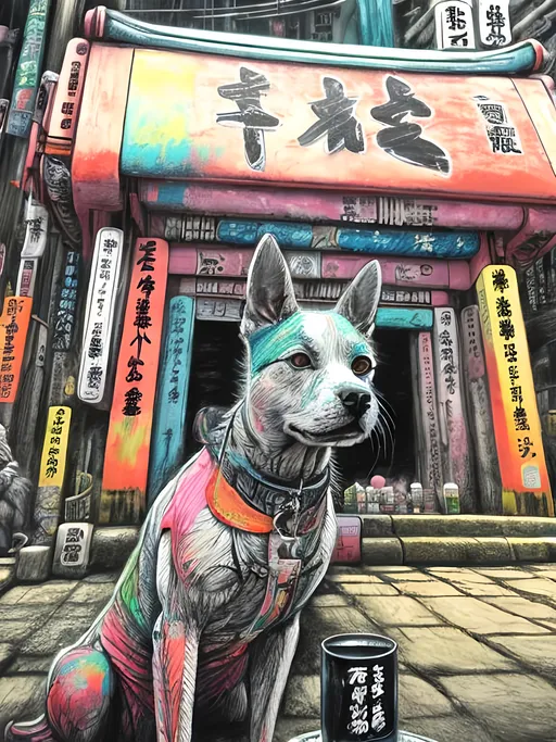 Prompt: pop art chalk pastel art of detailed dog at a shrine in cyberpunk japan, sketch, detailed background, highres, fun atmosphere, natural lighting,  abstract, fun