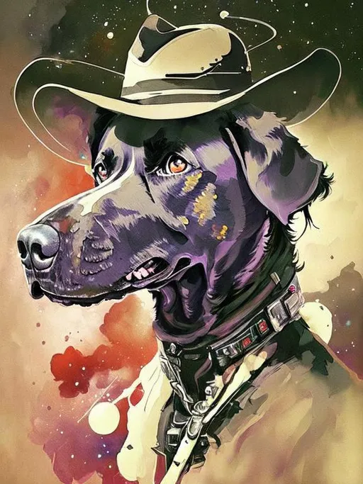 Prompt: Surrealism black dogs in cowboy outfits in space, abstract art style, cowboy hat, eerie atmosphere, floating celestial bodies, mysterious nebulae, dreamlike, surreal, high contrast, otherworldly, abstract, space, astronaut, eerie atmosphere, celestial bodies, dreamlike, surreal, high contrast, mysterious, nebulae, dogs