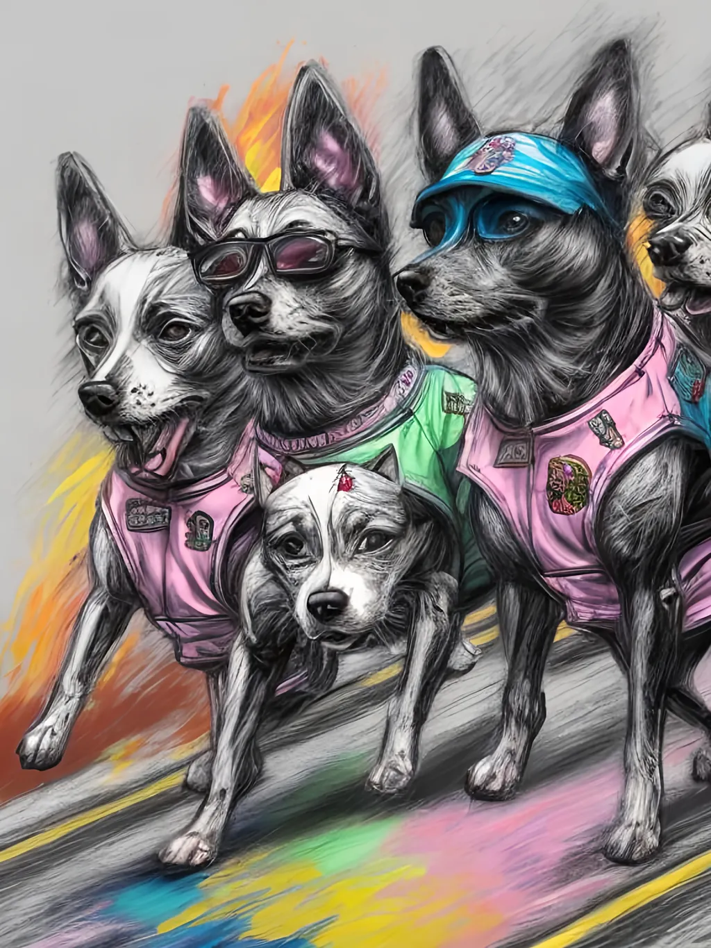 Prompt: pop art chalk pastel art of detailed dogs wearing gangster clothes playing in the streets in japan during a festival, sketch, detailed background, highres, fun atmosphere, natural lighting,  abstract, fun