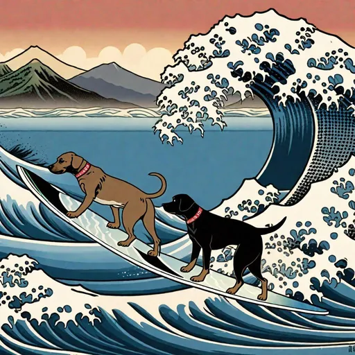 Prompt: black mountain cur dogs surfing in hiroshige wave 