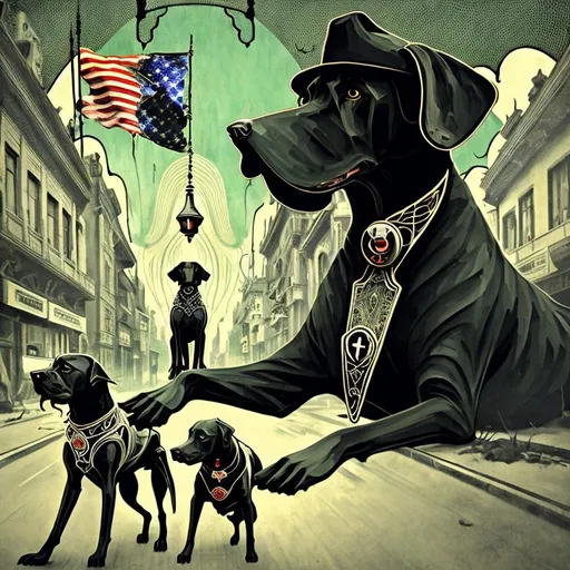 Prompt: Art Nouveau, surreal art of black dogs in patriotic gangster street outfits, cowboy hat, in a battle field, high contrast, dreamlike, otherworldly, fun atmosphere, mysterious, professional art, abstract, vibrant colors, atmospheric lighting, USA, surreal style, vibrant, high-quality