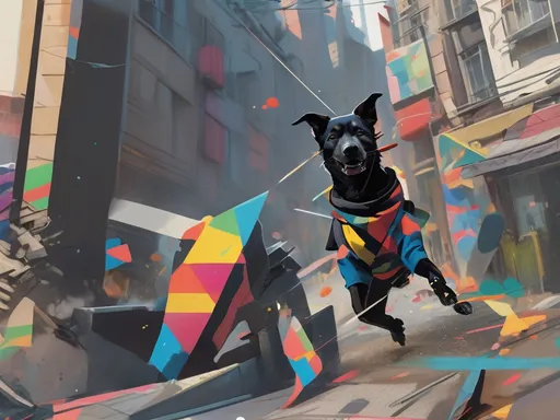 Prompt: black dog wearing ninja clothes having fun in the streets with a battle in the background, dogs, abstract art, Screen print, splash screen art, triadic colors, digital art, 8k resolution trending on Artstation, golden ratio, akira, symmetrical, rule of thirds, geometric bauhaus, Studio Ghibli, Anime Key Visual, by Makoto Shinkai, Deep Color, Intricate, 8k resolution concept art, Natural Lighting, Beautiful Composition