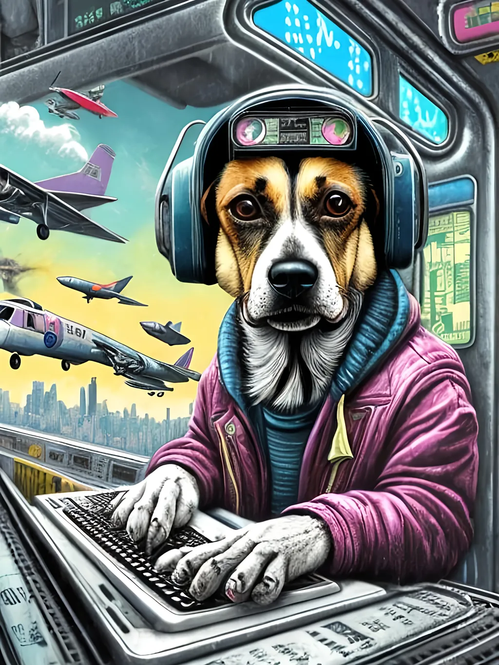 Prompt: pop art chalk pastel art of a detailed dog hacking a computer on the subway train in cyberpunk japan with planes in the background, sketch, detailed background, highres, fun atmosphere, natural lighting,  abstract, fun