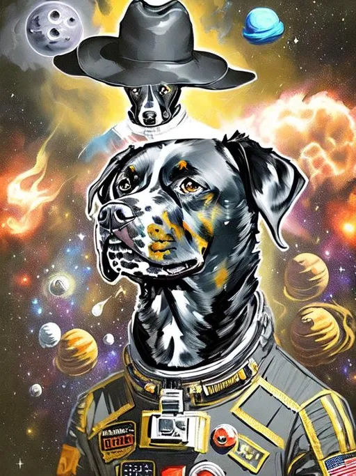 Prompt: Surrealism black dogs in trump outfits in space, abstract art style, cowboy hat, fun atmosphere, floating celestial bodies, mysterious nebulae, dreamlike, surreal, high contrast, otherworldly, abstract, space, astronaut, fun atmosphere, celestial bodies, dreamlike, surreal, high contrast, mysterious, nebulae, dogs, usa