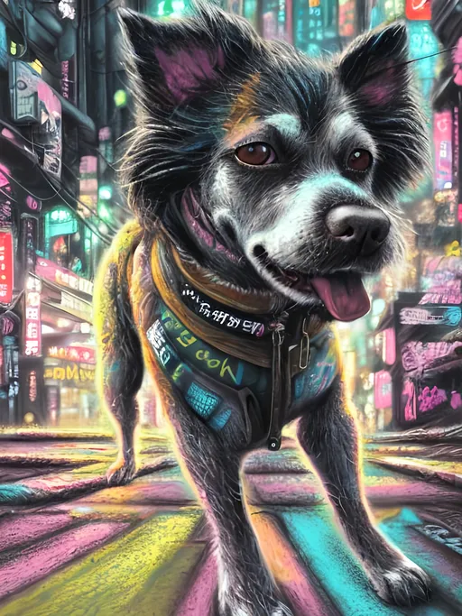 Prompt: Detailed chalk pastel of a dog punk in the streets of cyberpunk japan, highres, dog, detailed background of cyberpunk japanese city streets, happy, fun, natural lighting