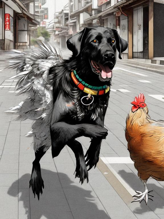 Prompt: a male black dog wearing clothes chasing a chicken in the streets in japan, sketch, detailed background, highres, fun atmosphere, natural lighting, pastel colors, abstract, fun