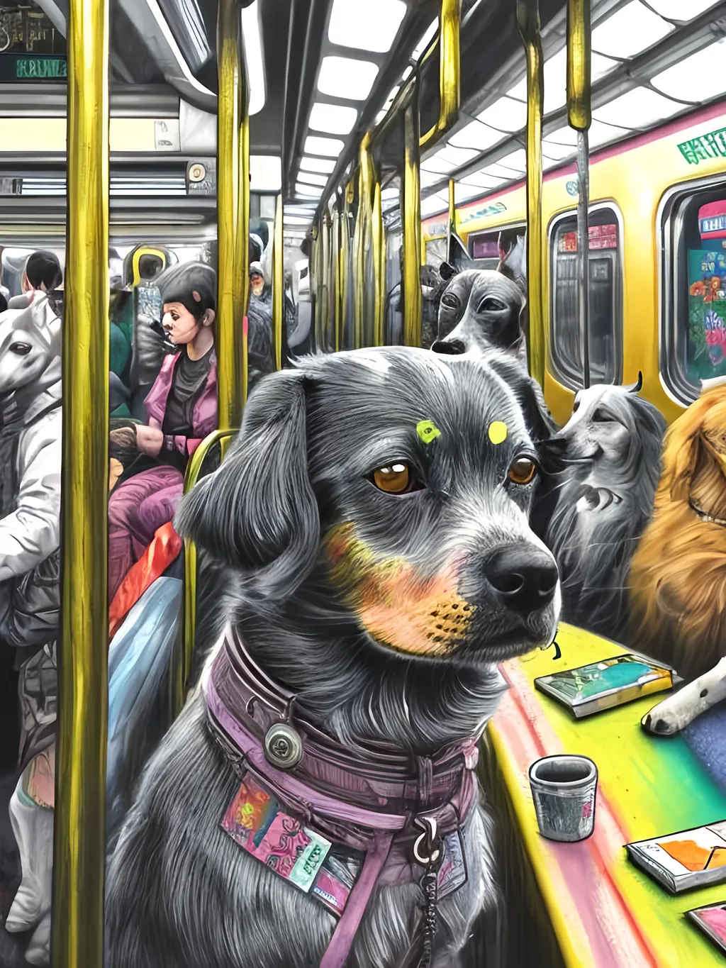 Prompt: pop art chalk pastel art of detailed dog on a train in cyberpunk japan during a festival, sketch, detailed background, highres, fun atmosphere, natural lighting,  abstract, fun