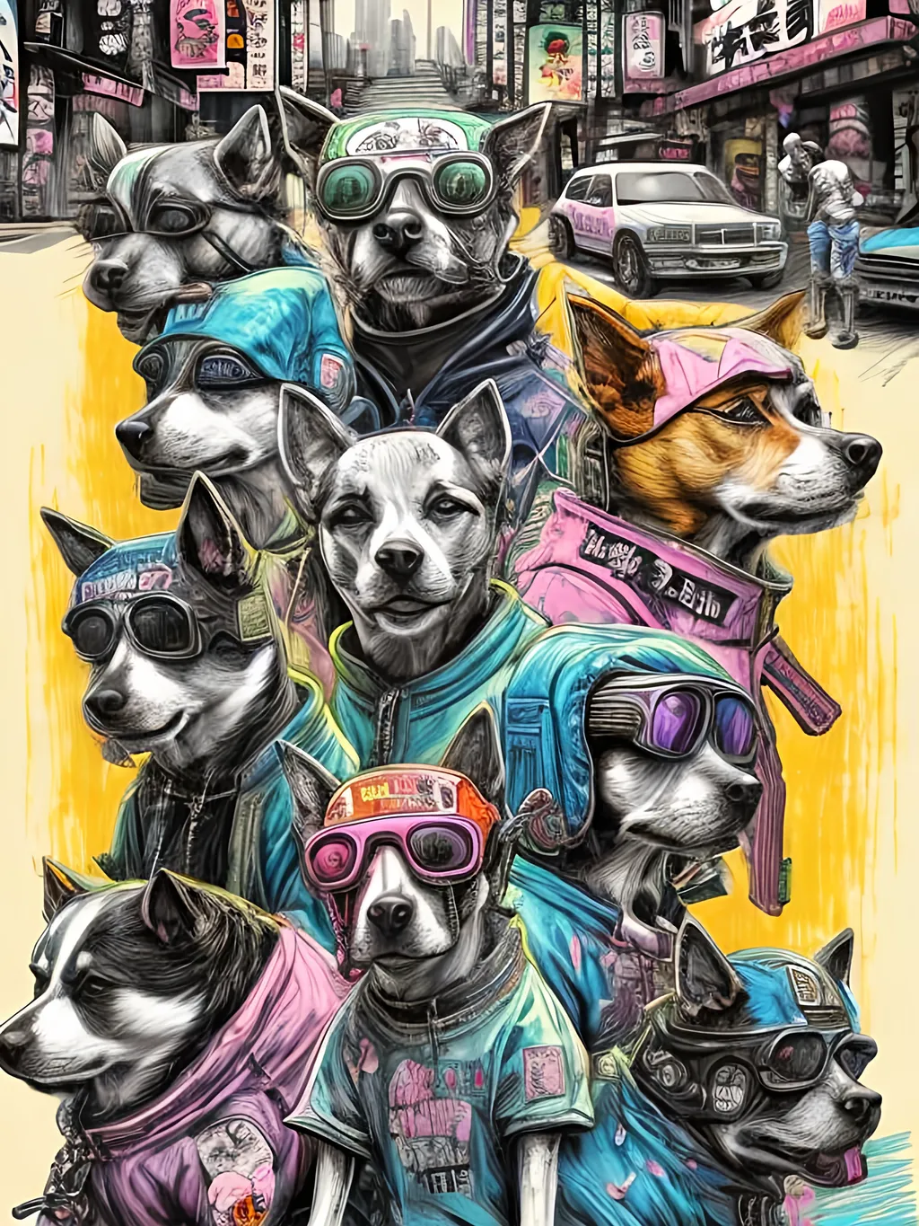 Prompt: pop art chalk pastel art of detailed dogs wearing gangster clothes playing in the streets in cyberpunk japan during a festival, sketch, detailed background, highres, fun atmosphere, natural lighting,  abstract, fun