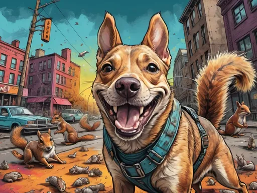 Prompt: Detailed happy dog overwhelmed by squirrels, sketch, pop art chalk pastel, detailed post-apocalyptic city background, grunge, highres, abstract, natural lighting, lively atmosphere, fun, detailed squirrels, colorful, chaotic, vibrant, happy-go-lucky