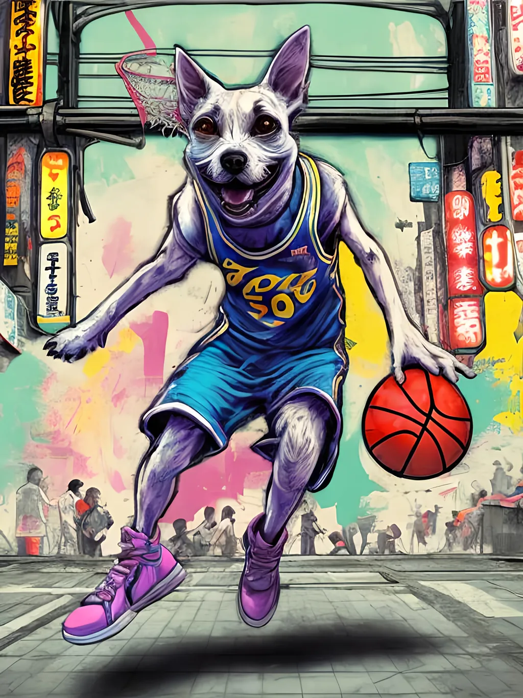 Prompt: pop art chalk pastel art of detailed dog playing basket ball game in cyberpunk japan, sketch, detailed background, highres, fun atmosphere, natural lighting,  abstract, fun